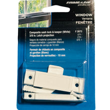 Load image into Gallery viewer, Prime-Line F2673 composite sash lock and keeper white sliding window lock 3/8 inch latch projection