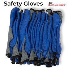 Load image into Gallery viewer, Safety gloves 12 pair pack featuring blue latex coated palm for secure grip and hand protection during glass installation and shop work AZ glass supply logo picture