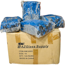 Load image into Gallery viewer, Safety gloves 120 pair bulk box with blue latex coated grip, ideal for glass shops, construction crews, warehouses and industrial use.