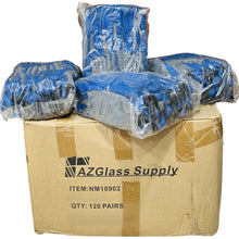 Load image into Gallery viewer, Safety gloves 120 pair bulk box with blue latex coated grip, ideal for glass shops, construction crews, warehouses and industrial use.